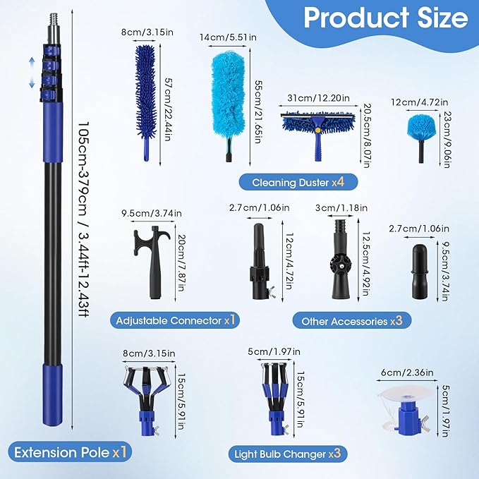 Light Bulb Changer for High Ceilings, 3.4-12.4FT Extension Pole Telescopic Extension Poles for Cleaning, Ceiling Fan Cleaner Duster Kit with Baskets, Suction Cup, Plush Brush for Roof Window Cleaning