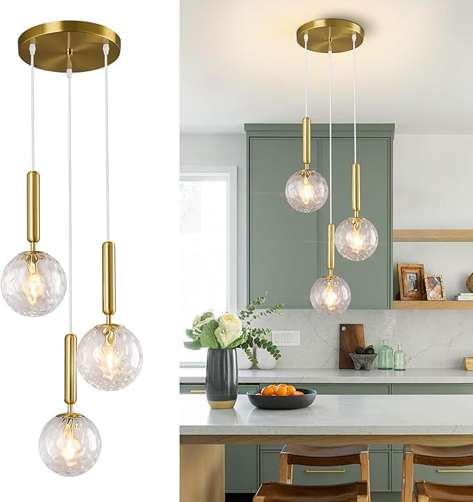 Mid Century Globe Pendant Light with Clear Glass for Kitchen Island Modern Gold Finish Hanging Light Fixture Retro Round Pendant Lighting for Living Room Bedroom Entryway(3 Lights)
