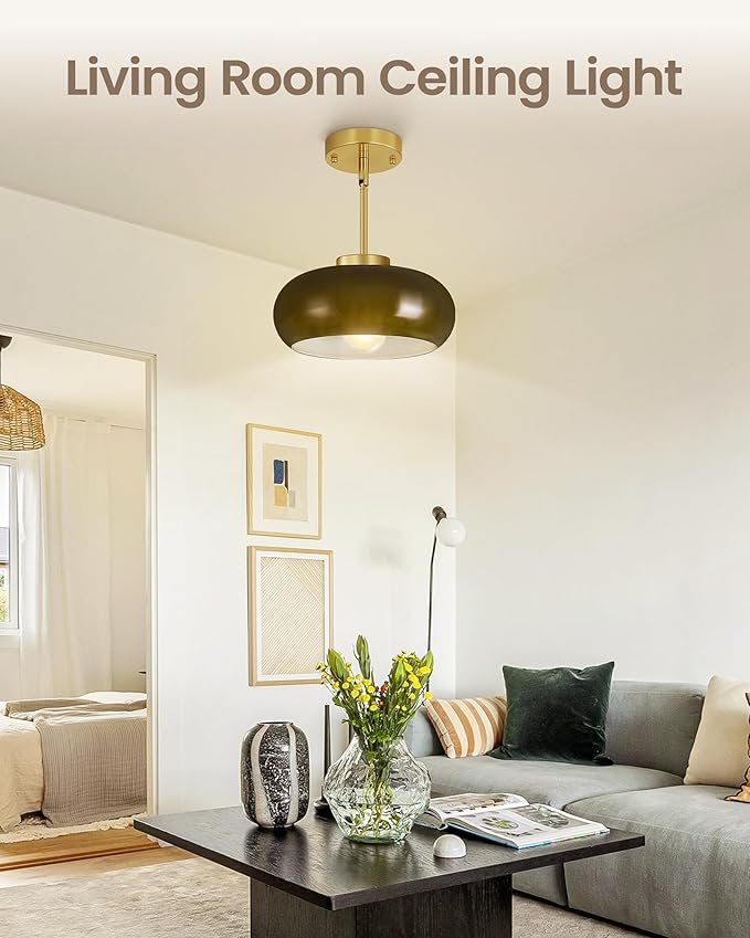 Yunnix Semi Flush Mount Ceiling Light, Gold Light Fixture, Mid-Century Modern Farmhouse Green Glass Small Light Fixtures for Hallway, Bathroom, Kitchen, Bedroom, Living Room, Closet, Laundry