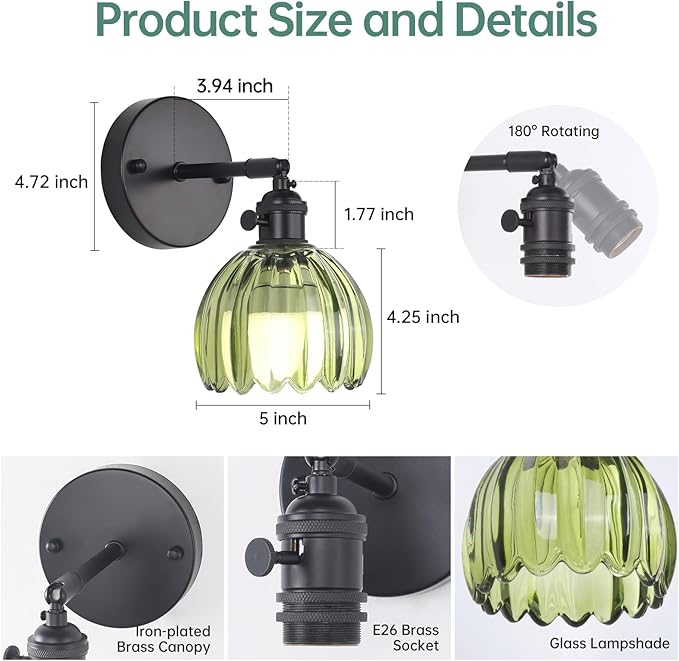 Shenmoyl Vintage Battery Operated Wall Sconce with Green Tulip Glass Lampshade Rechargeable Battery Powered Black Wall Light with Remote Control for Bedside Bedroom Doorway