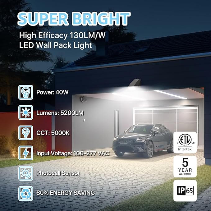 HYPERLITE LED Wall Pack 40W: 5000K ETL Listed with Dusk-to-Dawn Photocell Commerical Security Lighting - 0-90° Adjustable Small Wall Pack Lights Outdoor Led for Garage House Driveway Building Yard