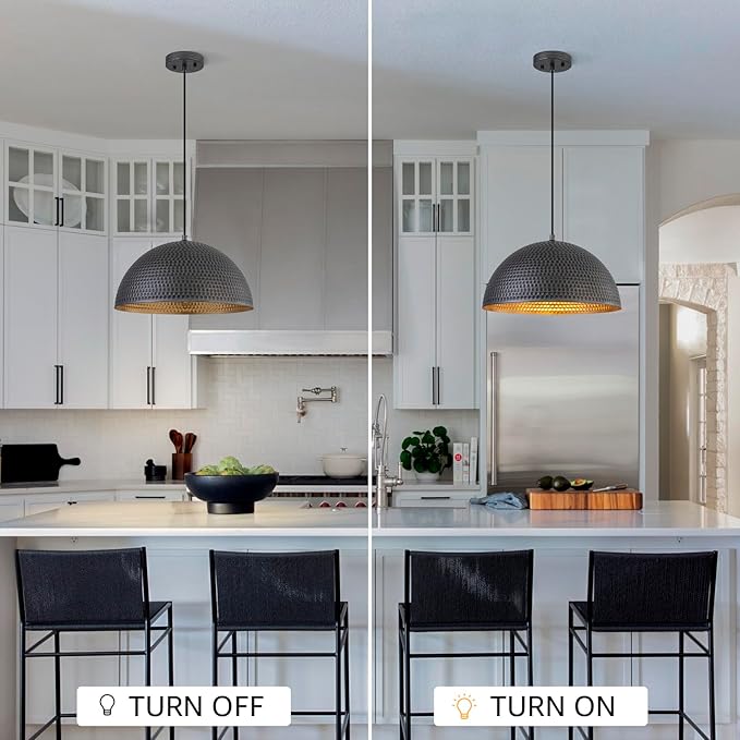 15.7" Farmhouse Pendant Lights Kitchen Island,Black and Silver Hammered Large Industrial Chandelier,Adjustable Metal Dome Pendant Lights for Dining Room,Bedroom,Hallway