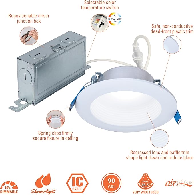 HALO LT 4 in Canless LED Recessed Light Indoor/Outdoor Dimmable Ceiling Downlight, Wet Location Rated, Selectable Color Temperature 2700K-5000K, 650 Lumens, Matte White - LTC406FS5B