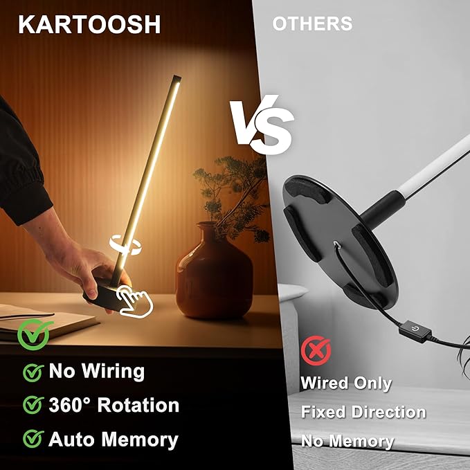 KARTOOSH Cordless LED Table Lamp, Battery Operated Portable Desk Lamp,Dimmable/3 Color/Memory Function,Modern Rechargeable Table Light for Living Room,Bedroom,Bedside,Black