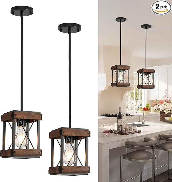 HOXIYA Farmhouse Pendant Light, 2 Pack Rustic Farmhouse Linear Chandelier with Wood and Metal Cage, Kitchen Island Pendant Light Adjustable Height for Dining Room Light Kitchen Island Bedroom