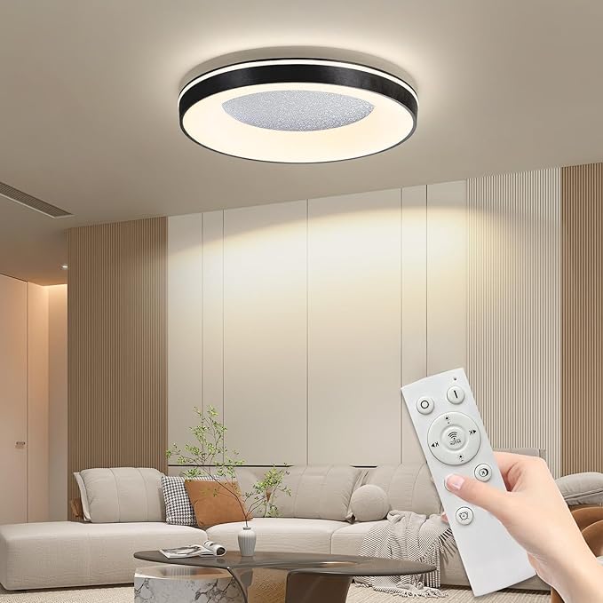 LED Flush Ceiling Light, 15in Black Round Ceiling Light Dimmable 3000K/4500K/6500K Color Recessed Lamp for Living Room, Bedroom, Office,Hallway