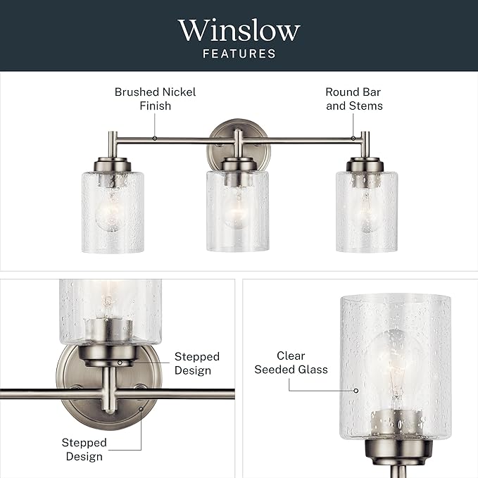 Kichler Winslow 21.5" Vanity Light in Brushed Nickel, 3-Light Transitional Bathroom Light with Clear Seeded Glass. (21.5" W x 9.25" H), 45886NI