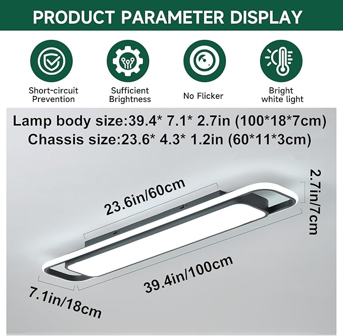 Modern LED Ceiling Lighting, 70W 6000K Black Linear Flush Mount Light Fixture, 39.4'' Low Profile Lights Fixture Long LED Ceiling Lamp for Kitchen Bedroom Living Room Hallway (Cool White)