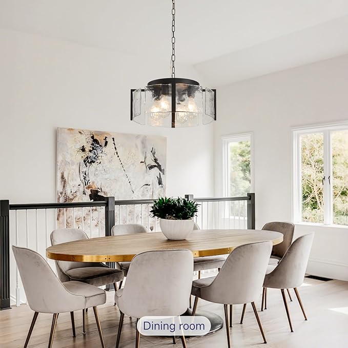 Modern Black Chandeliers for Dining Room: 17.7'' Drum Textured Glass Foyer Chandelier - Vintage Farmhouse kitchen Chandeliers Over Table - Rustic Hanging Light Fixture for Bedroom Living Room Entryway