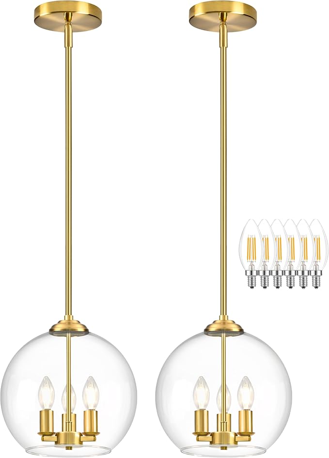 12" Gold Pendant Lights 2 Pack Glass Globe Pendant Light Fixture Bedroom Mid Century Modern Pendant Lighting Brass Pendant Light for Kitchen Island Bedroom Living Room (Bulb Incl.)