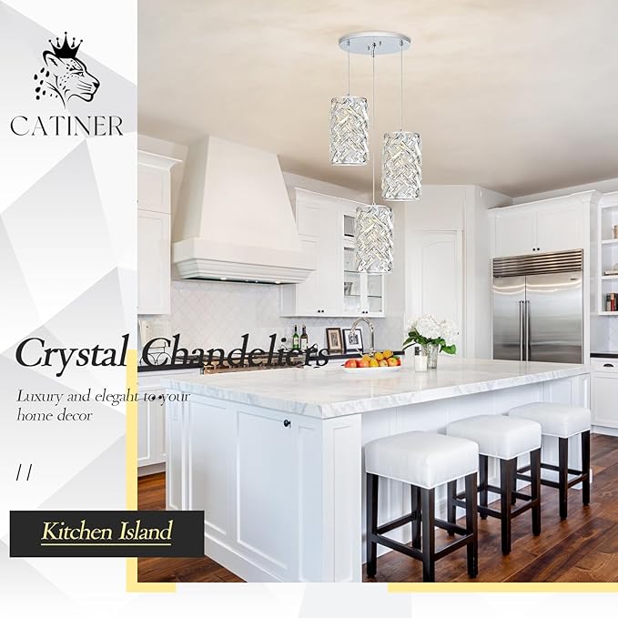 CATINER 3-Light Modern Crystal Pendant Light, Chrome Mini Chandelier – Adjustable Cluster Pendant Lighting Fixture for Kitchen Island, Dining Room, Bedroom, Hallway, Porch