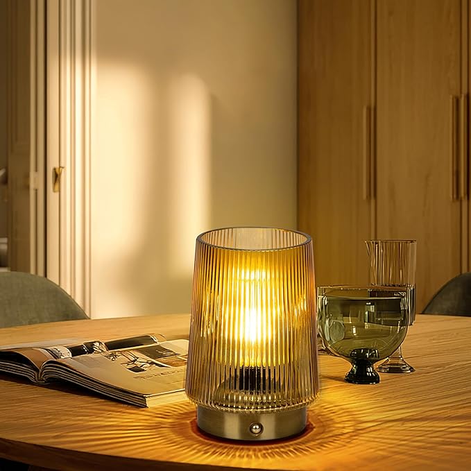 MJ PREMIER Cordless Lamps Rechargeable Glass Table Lamp Portable Dimmable Brightness Touch Battery Operated Lamp Cordless Beside Touch Lamp for Bedroom Kitchen Dining Bathroom Rechargeable Yellow