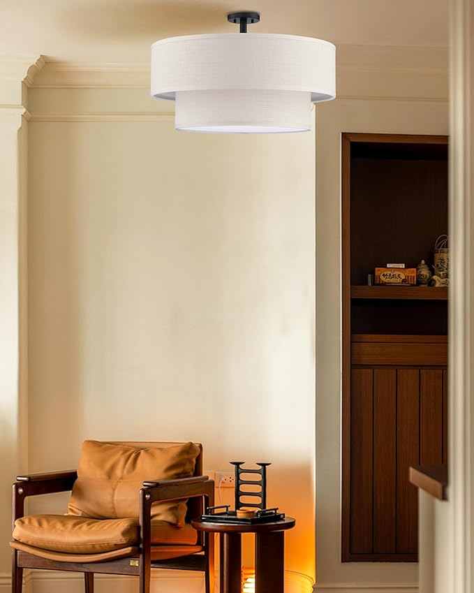 5 Light Semi Flush Mount Close to Ceiling Light Fixture,Cream Linen Fabric Shade Black Finish 22 inch for Bedroom,Living Room,Dining Room Hallway