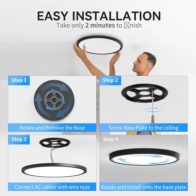 4700lm LED Flush Mount Ceiling Light, Super Slim 16 inch LED Ceiling Light, 5000K LED Ceiling Light for Bedroom, Living Room, Dining Room (Black, Two Pack)