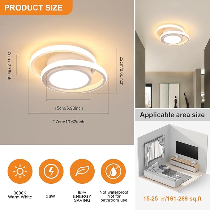 DELIPOP Modern LED Ceiling Light, 36W 2160LM Round Small Ceiling Lamp, (Warm Light, 3000K) Aluminum Close to Ceiling Light Fixture for Hallway, Aisle, Corridor, Bedroom, Kitchen (White)
