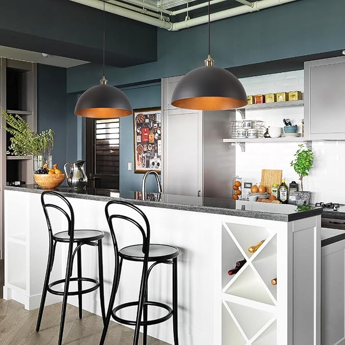 Vintage Black Pendant Light 13.7'' Retro Farmhouse Dome Pendant Lamp Modern Industrial Chandelier for Wire Length 78.74 '' Kitchen Island, Bedroom, Dining Room, Living Room, Hallway