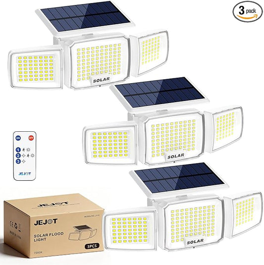 JEJOT White Solar Security Light Outdoor Super Bright LED, Motion Sensor Solar Flood Light, 3 Heads 270° Wide Angle,Remote Control, IP65 Waterproof, 3 Modes (3 Packs)