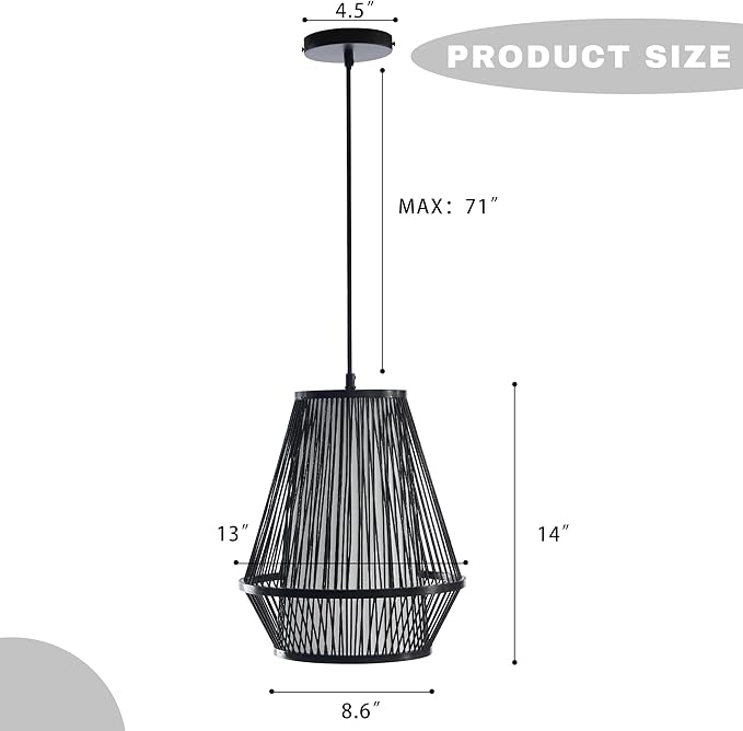 Boho Rattan Pendant Light, 12" Handwoven Bamboo Wicker Basket Shade Pendant Light Fixture, Natural Rustic Farmhouse Chandelier for Kitchen Island, Dining Room, Bedroom