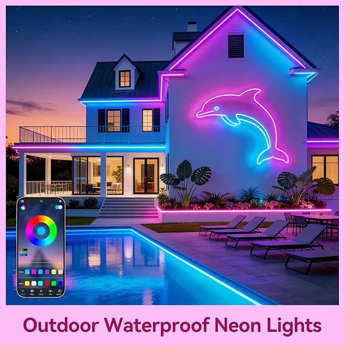 LED Neon Lights, 16.4FT RGB Neon Rope Lights App Control,IR Remote,Music Sync,IP67 Waterproof,Flexible DIY Design for Bedroom,Living Room,Gaming Room,Party,Outdoor,Christmas Decor