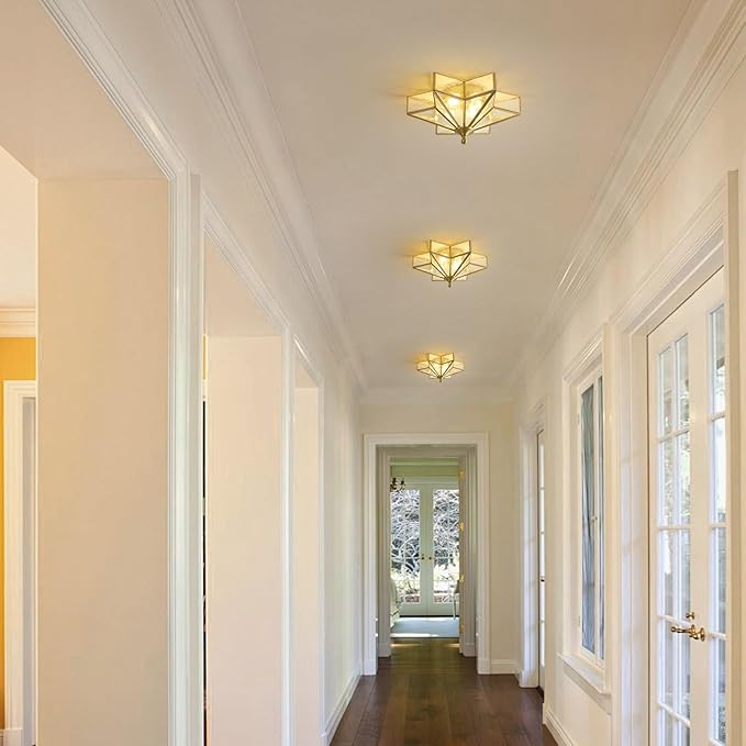 Star Brass Vintage Ceiling Light - 12.2 in Small Hammered Glass Antique Brushed Gold Flush Mount Fixture, Mid Century Art Deco Overhead Lighting for Kitchen Hallway Bedroom Bathroom Laundry Entryway