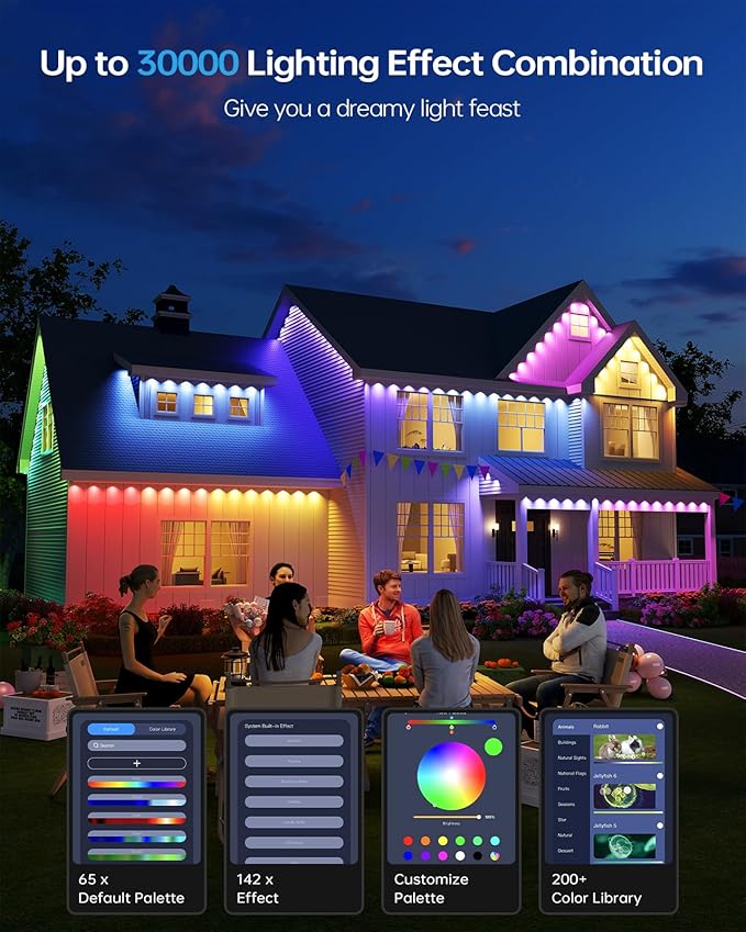 ASAHOM AI Permanent Outdoor Lights S107B, 100FT with 72 RGBCW LED Lights, 30,000 Lighting Effect, Controller with Dual Output, Extend to 800FT, Cuttable for House Outdoor Decor Daily Lighting, White