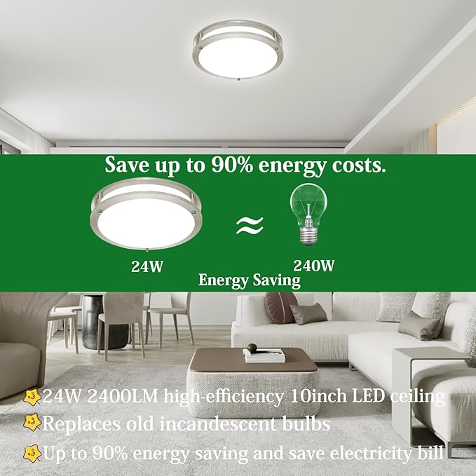 OOWOLF 10 Inch 24W LED Ceiling Lights, 5000K Brightness Adjustable Flush Mount Ceiling Light, Super Bright Brushed Nickel Lighting Lamp Fixture for Bedroom Bathroom Dining, 2-Pack, Daylight White