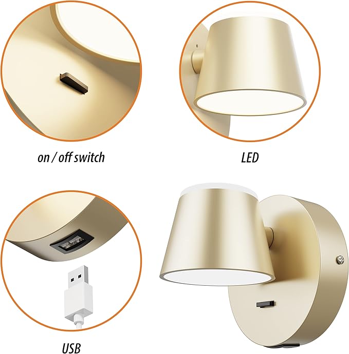 URSOLA Wall Light LED Wall Sconce with On/Off Switch USB Charging Port 110 Volt Hardwired Wall Lamp 350 Rotatable Up Down Sconces Wall Lighting (Champaign)