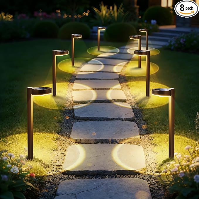 APONUO 8 Pack Solar Pathway Lights Outdoor, 3 Color Temperatures Selectable CCT, Focused Ground Spot Lens, Brighter Up to 12 Hrs IP65 Waterproof Path Lights for Walkway Driveway Yard Garden(Brown)