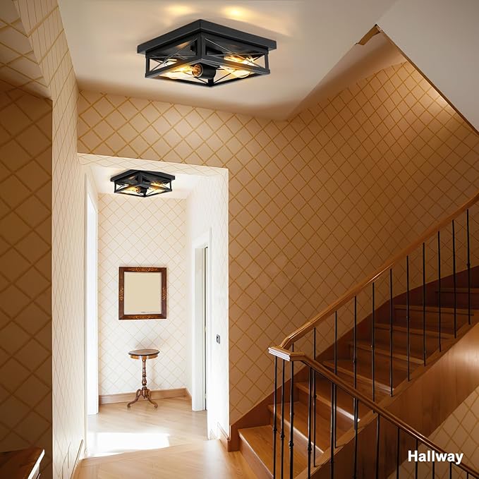 Black Flush Mount Ceiling Light 2 Pack Industrial Fixtures 2-Light Farmhouse Vintage Metal-Framed Ceiling Light for Hallway Foyer Kitchen Bedroom Living Room Laundry