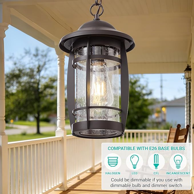 LOUSACE 1-Light Outdoor Pendant Light for Porch - Oil Rubbed Bronze Outdoor Chandelier Lantern Waterproof Aluminum Exterior Hanging Porch Light with Seeded Glass for Entrance, Gazebo, Patio, ETL List