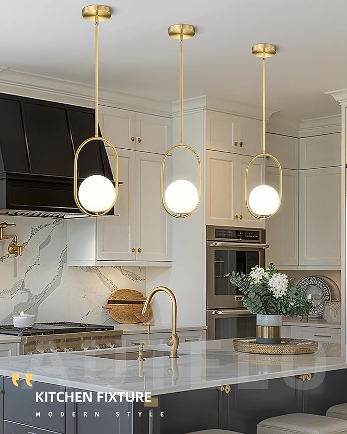AUTELO Gold Pendant Lights, 1-Light Pendant Lights Kitchen Island in Brushed Gold Finish with Milky White Globe Glass, Mid Century Pendant Light Fixtures, Gold Hanging Lights for Kitchen H9376 MGBG