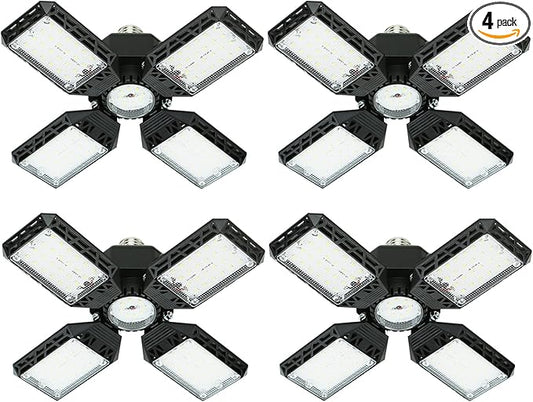 4-Pack LED Garage Light, 150W Deformable LED Ceiling Lights, 15000LM Garage Lighting with 4 Adjustable Panels, E26/E27 Shop Lights for Basement, Workshop, Attic