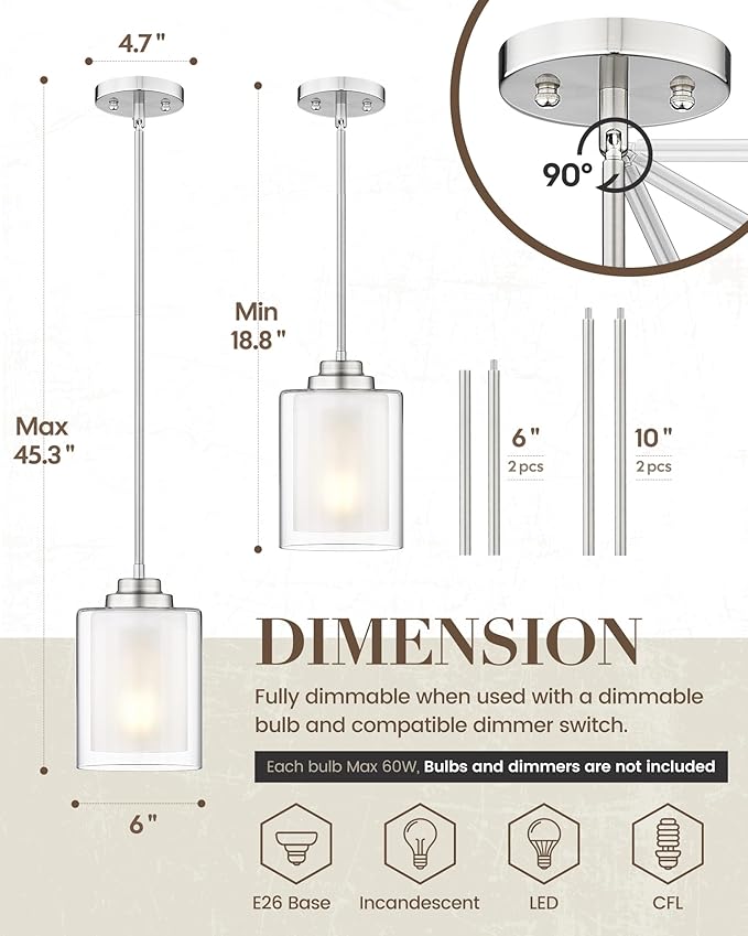 TENGXIN Modern Pendant Light,6-INCH Brushed Nickel Modern Pendant Light for Kitchen Island,Hanging Ceiling Light Fixture,Farmhouse Pendant Lighting for Dining Room Bedroom Bar Office,TXPLBN02-L
