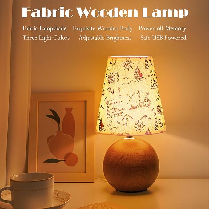 Vintage Wooden Base Fabric Table Lamp, Adjustable Light Color and Brightness with Power-Off Memory, Safe USB Powered, Retro Style LED Light for Bedroom Living Room Office (Voyage)