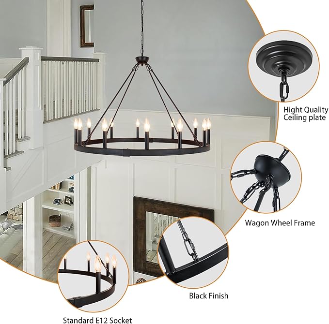 Black Wagon Wheel Chandelier 38 inch, 12-Light Black Round Industrial Farmhouse Chandeliers for High Ceilings Dining Room Living Room Foyer Entryway Outdoor Porch