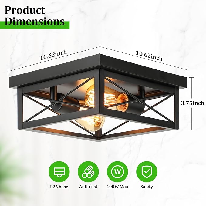 2-Light Farmhouse Ceiling Light Fixture, Industrial Square Flush Mount Ceiling Light, Modern Black Metal Hallway Ceiling Lighting Fixture for Kitchen Entryway Living Room Bathroom Porch