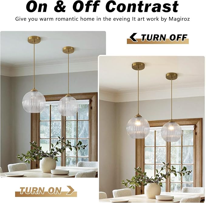 Modern 1 Light Clear Glass Pendant Lights Kitchen Island Large Brushed Gold Pendant Light Vintage Adjustable Height Hanging Globe Ceiling Light Fixture for Dining Room Bedroom Hallway MPL30-B