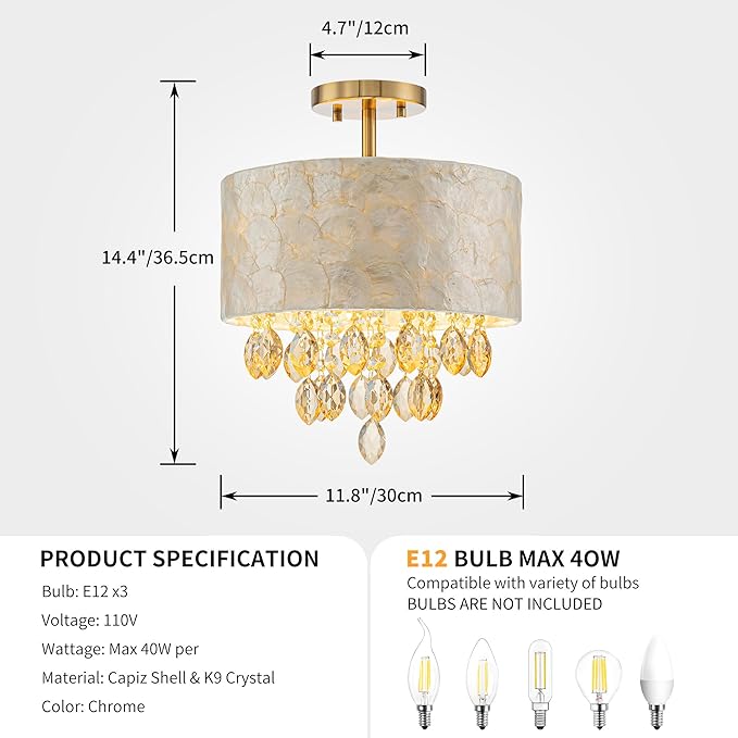 3-Light Capiz Shell Crystal Drum Ceiling Light, Coastal Style Close to Ceiling Light Fixture for Dining Room, Living Room & Bedroom, D12 * H14 inch, Champagne Crystal & Gold Finish