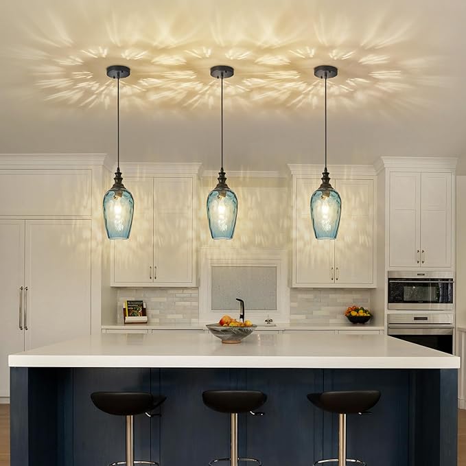 Pendant Lights Kitchen Island, Hanging Lighting Fixtures Dark Blue Water Ripple Glass Lamp Shade Black Pendant Light Fixtures for Kitchen Island Bedroom Living Dining Room Light Fixture
