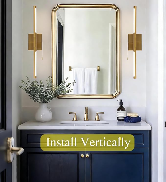 24 Inch Brass Gold LED Bar Bathroom Vanity Light,360° Rotatable Vanity Light Fixtures with Pull Chain Over Mirror,4000K Modern Bathroom Sconces Wall Lighting Picture Light