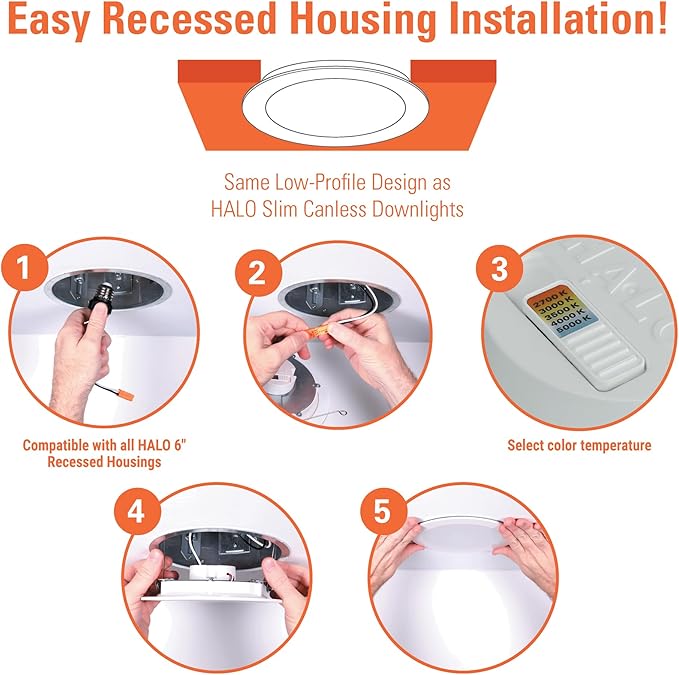 HALO HLBT 6 Pack 6 in Slim LED Recessed Light Trim with Selectable Color Temperature 2700K, 3000K, 3500K, 4000K, 5000K Dimmable Wet Location Indoor Outdoor New Construction Remodel - HLBT609FS5-6PK