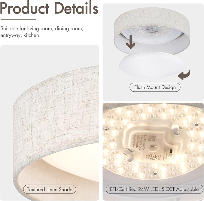 Modern Linen LED 13 Inch Ceiling Light Fixture with 24W 5CCT, Set of 2, Flush Mount Low Profile Room Lamp, Dimmable Minimalist Lighting for Bedroom, Kitchen, Hallway, Closet, Entryway, 2 Pack