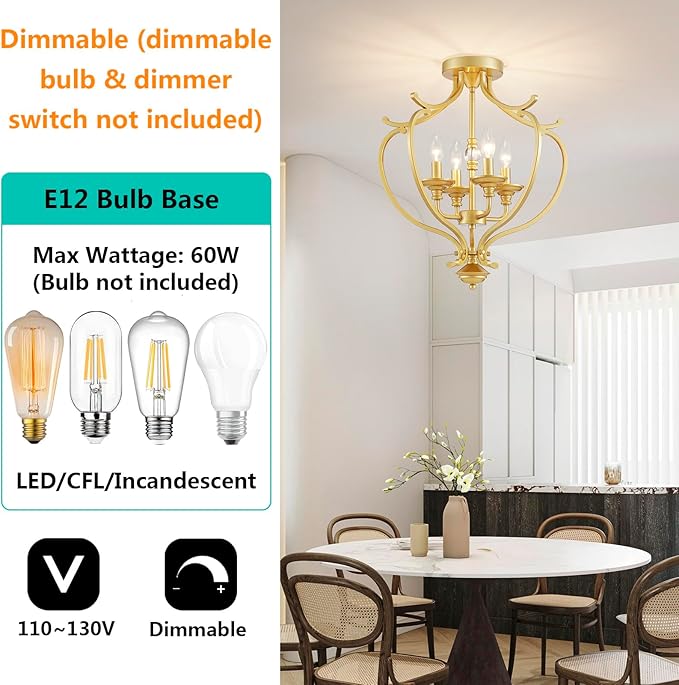 Modern 4-Light Vintage Antique Candle Ceiling Light, Light Fixture for Dining Room, Living Room, Bedroom, Gold Frame, Farmhouse Style, Maria Theresa Design, E12 Socket, D18*H20 inch