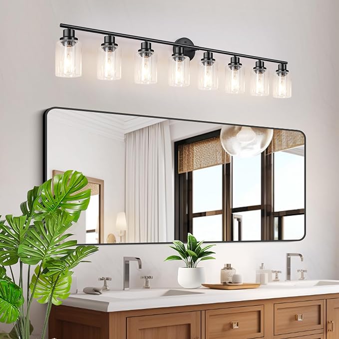 8-Light Black Vanity Lights, Modern Bathroom Light Fixtures with Clear Glass Shade, Wall Lamps for Mirror Kitchen Hallway Cabinet Living Room Sconces Lights - E26
