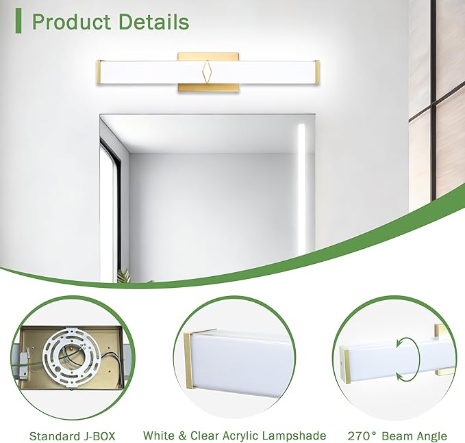 24 Inch Bathroom Vanity Light 2500LM, 5700K Daylight White Modern Bathroom Light Dimmable, AC 120V 25W Gold LED Vanity Lighting Fixtures Wall Sconce ETL Certified, 1Pack