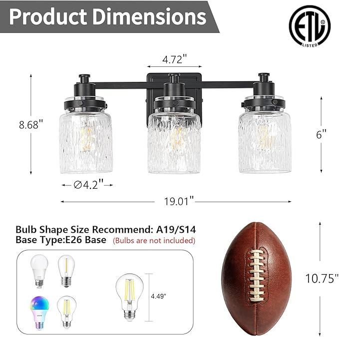 3 Lights Bathroom Light Fixtures Farmhouse Black Vanity Lights for Bathroom Lighting Fixtures Over Mirror with Hammered Glass Lampshade for Cabinet Mirror Bedroom Hallway