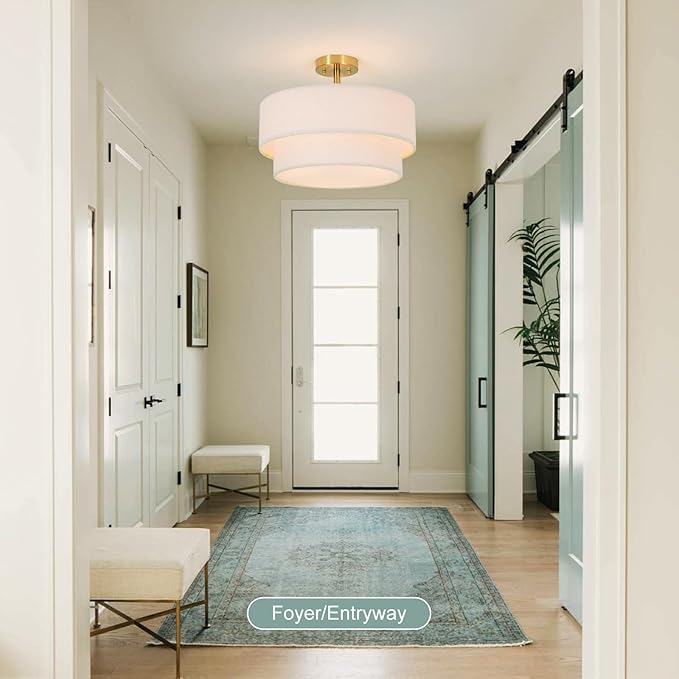 16.5'' Semi Flush Mount Ceiling Light, 3-Light Gold Ceiling Light Fixture with 2-Layer White Plush Shade, Farmhouse Drum Close to Ceiling Light for Living Room, Hallway, Bedroom, Kitchen, Dining Room