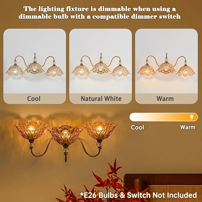 Vintage Bathroom Vanity Light, 3-Light Matte Brass Finish Vanity Light with Flower-Shaped Amber Glass Shades, Retro Wall Sconce for Bathroom, Dressing Table