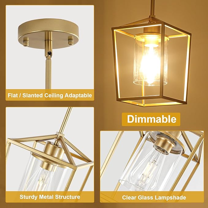 2 Pack Gold Pendant Lights Kitchen Island, Farmhouse Kitchen Pendant Light Fixtures, Metal Cage Island Lights with Clear Glass Shade for Kitchen, Entryway, Dining Room, Hallway