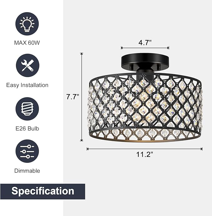 Black Crystal Ceiling Light Fixture,Modern Semi Flush Mount Ceiling Lighting Fixture,Round Small Chandelier for Dining Room, Hallway, Entryway, Kitchen, Bedroom,Foyer,1 Light,11.2 inch